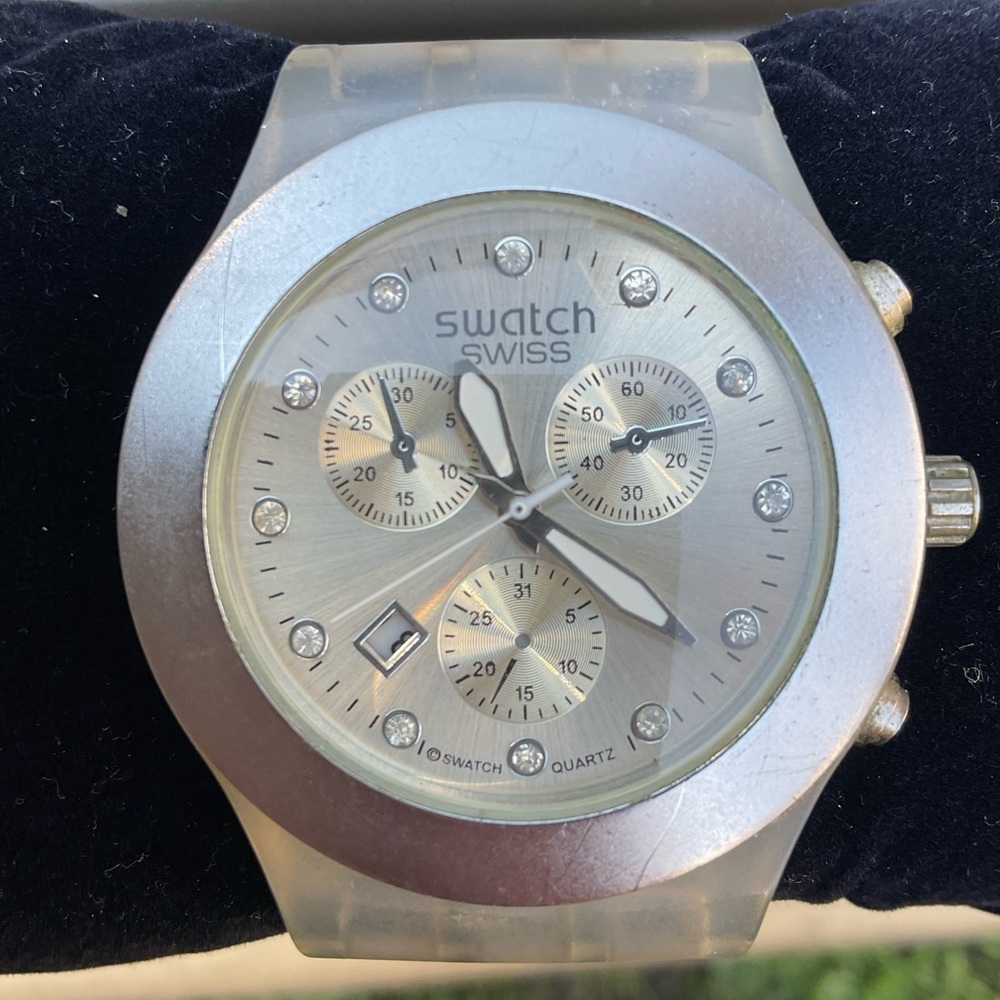 Swatch Women’s Quartz Chronograph Date Plastic White Dial Watch